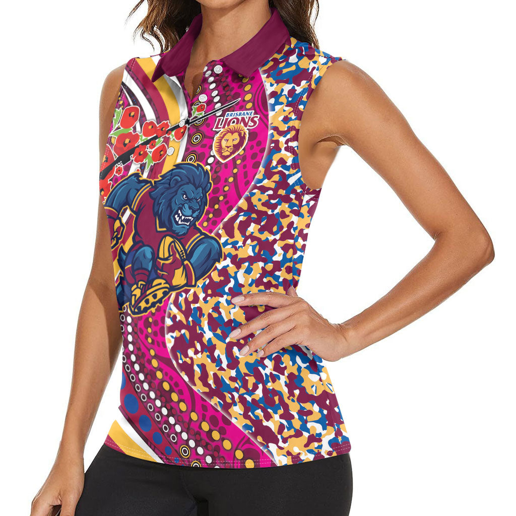 Brisbane Lions ANZAC Day Women Sleeveless Polo Shirt Indigenous Poppy Remembrance Lion Warrior