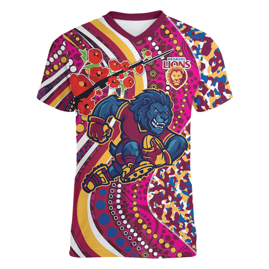 Brisbane Lions ANZAC Day Women V-Neck T-Shirt Indigenous Poppy Remembrance Lion Warrior