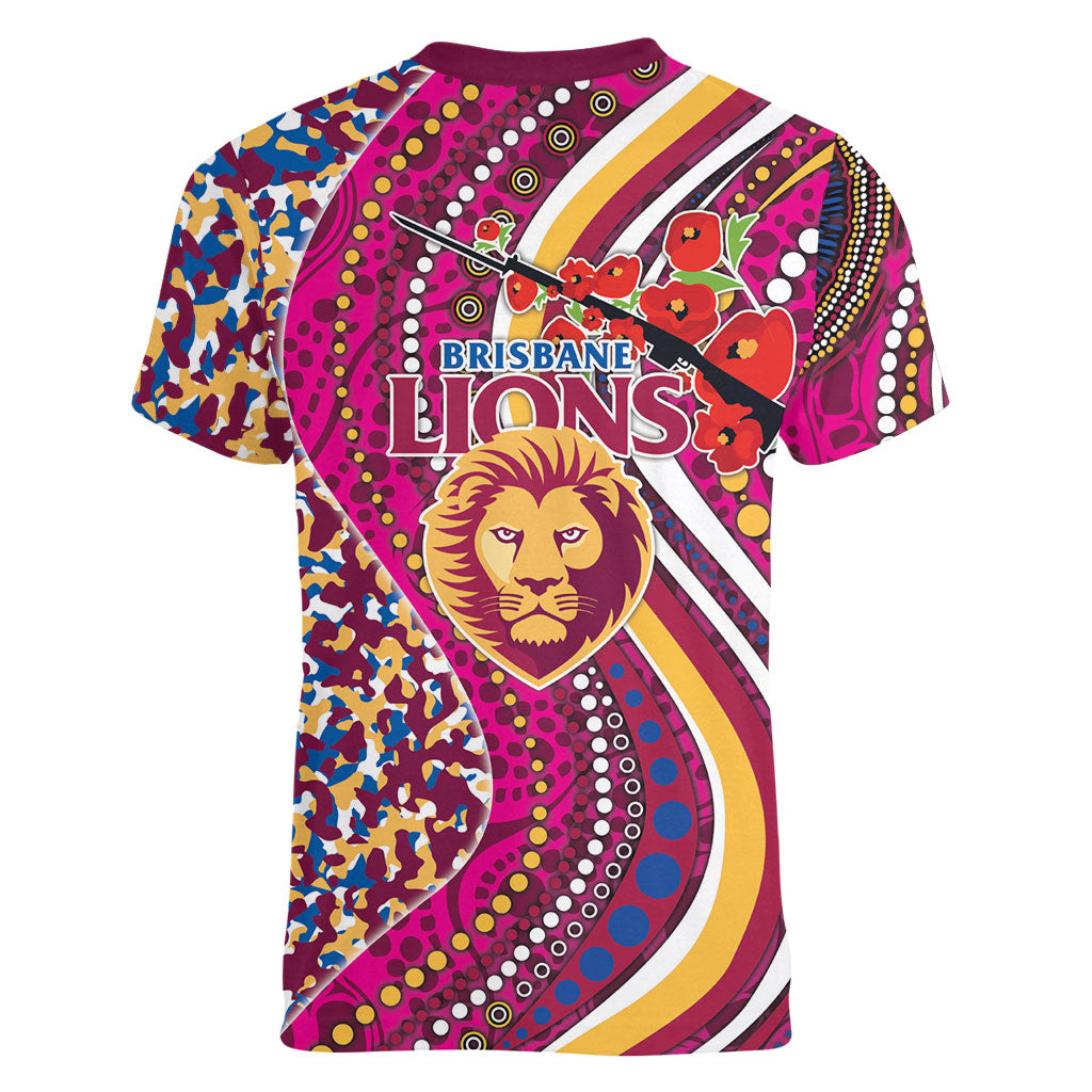 Brisbane Lions ANZAC Day Women V-Neck T-Shirt Indigenous Poppy Remembrance Lion Warrior