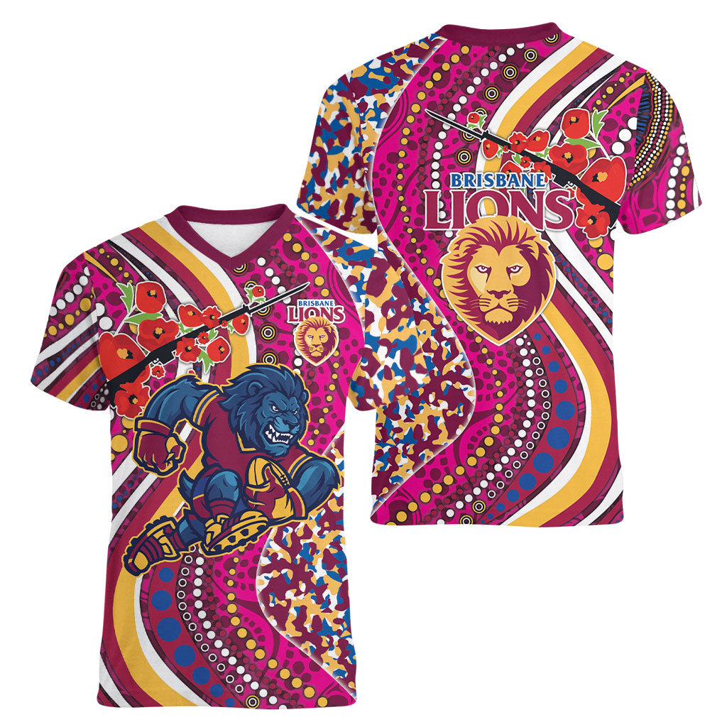 Brisbane Lions ANZAC Day Women V-Neck T-Shirt Indigenous Poppy Remembrance Lion Warrior