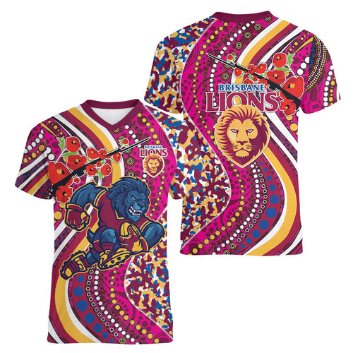 Brisbane Lions ANZAC Day Women V-Neck T-Shirt Indigenous Poppy Remembrance Lion Warrior