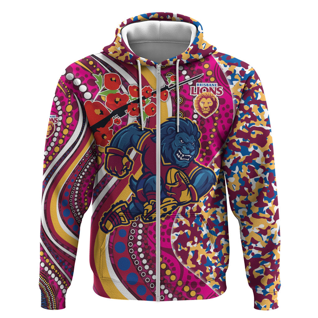 Brisbane Lions ANZAC Day Zip Hoodie Indigenous Poppy Remembrance Lion Warrior