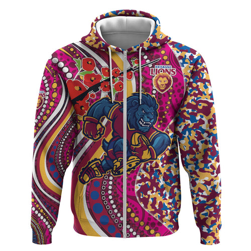 Brisbane Lions ANZAC Day Zip Hoodie Indigenous Poppy Remembrance Lion Warrior