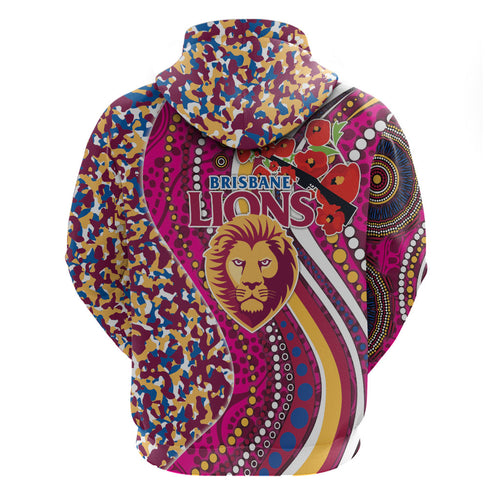 Brisbane Lions ANZAC Day Zip Hoodie Indigenous Poppy Remembrance Lion Warrior