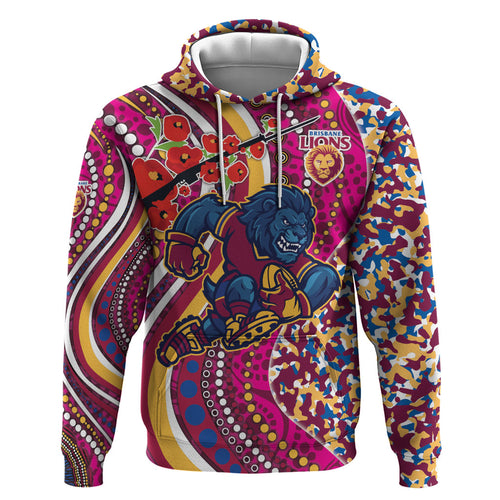 Brisbane Lions ANZAC Day Zip Hoodie Indigenous Poppy Remembrance Lion Warrior