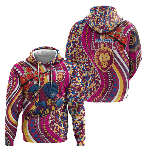Brisbane Lions ANZAC Day Zip Hoodie Indigenous Poppy Remembrance Lion Warrior