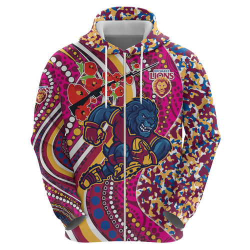 Brisbane Lions ANZAC Day Zip Hoodie Indigenous Poppy Remembrance Lion Warrior