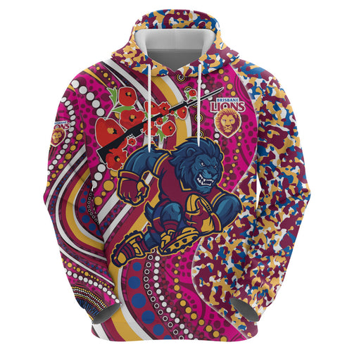 Brisbane Lions ANZAC Day Zip Hoodie Indigenous Poppy Remembrance Lion Warrior