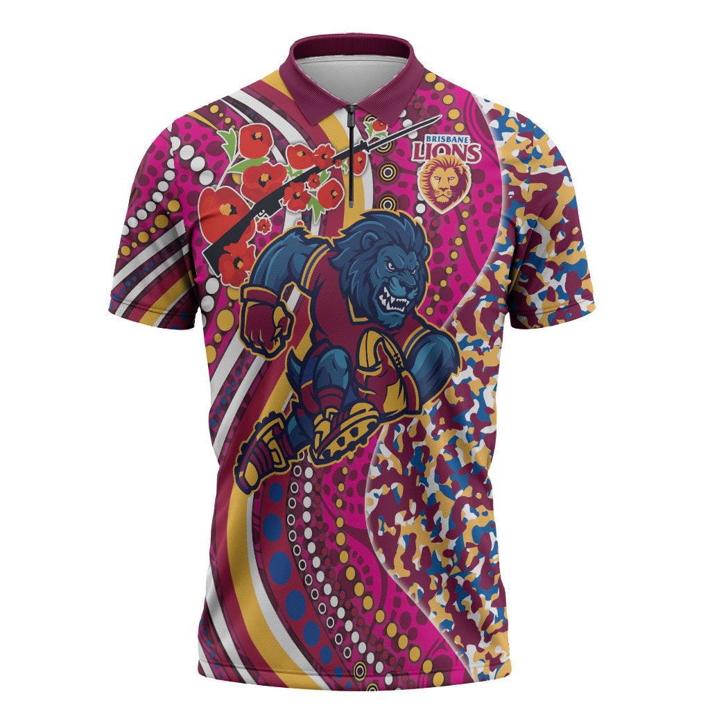 Brisbane Lions ANZAC Day Zipper Polo Shirt Indigenous Poppy Remembrance Lion Warrior