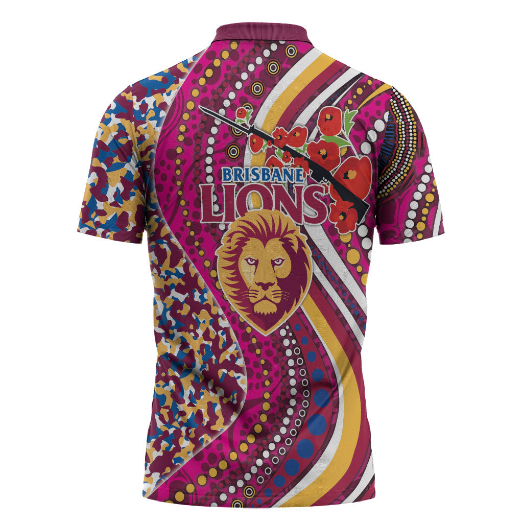 Brisbane Lions ANZAC Day Zipper Polo Shirt Indigenous Poppy Remembrance Lion Warrior
