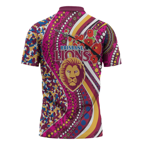 Brisbane Lions ANZAC Day Zipper Polo Shirt Indigenous Poppy Remembrance Lion Warrior