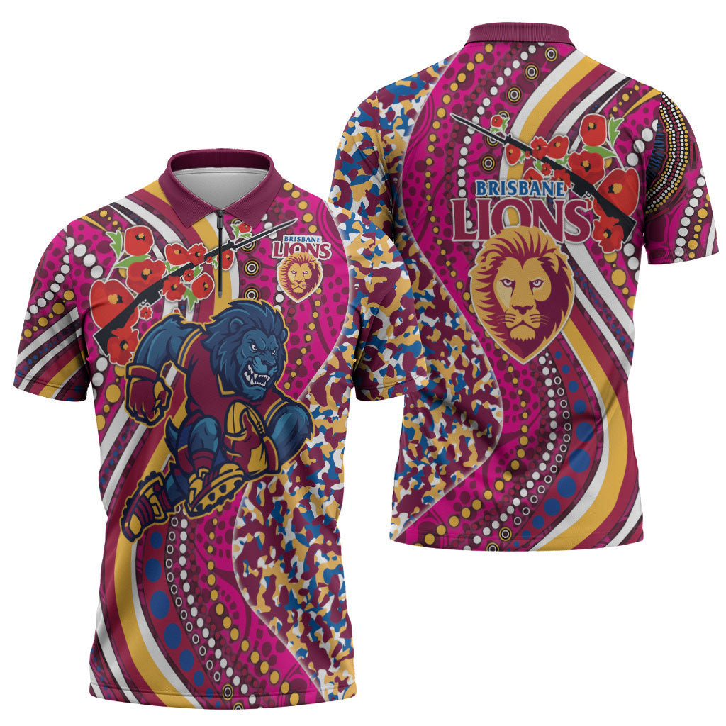 Brisbane Lions ANZAC Day Zipper Polo Shirt Indigenous Poppy Remembrance Lion Warrior