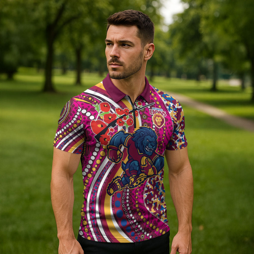 Brisbane Lions ANZAC Day Zipper Polo Shirt Indigenous Poppy Remembrance Lion Warrior