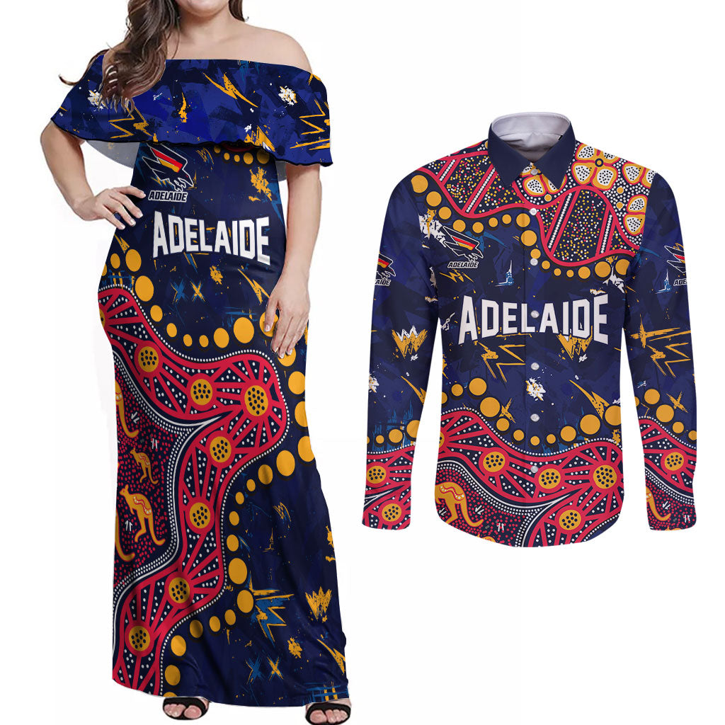 Personalized Adelaide Couples Matching Off Shoulder Maxi Dress and Long Sleeve Button Shirt Aboriginal Pattern with Graffiti Style