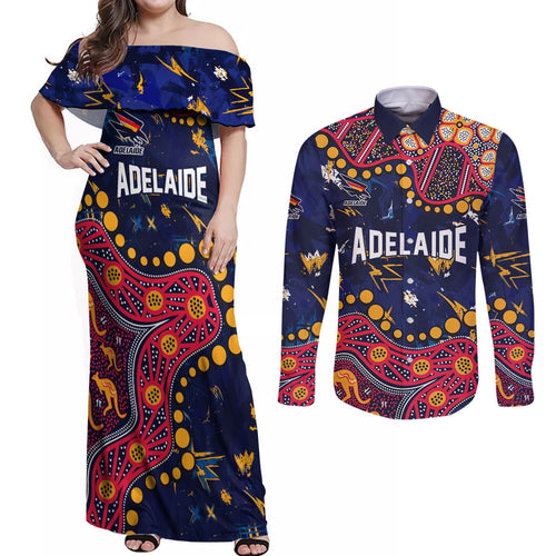 Personalized Adelaide Couples Matching Off Shoulder Maxi Dress and Long Sleeve Button Shirt Aboriginal Pattern with Graffiti Style