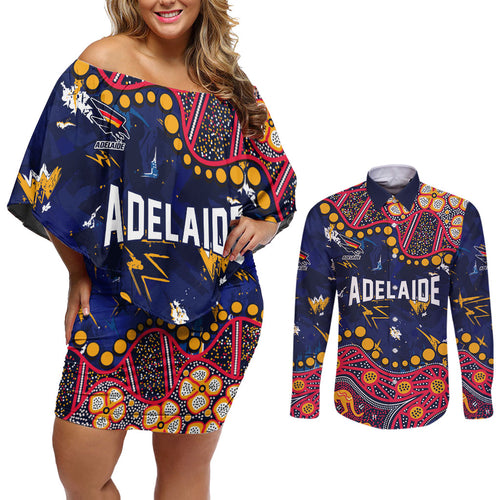 Personalized Adelaide Couples Matching Off Shoulder Short Dress and Long Sleeve Button Shirt Aboriginal Pattern with Graffiti Style