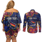 Personalized Adelaide Couples Matching Off Shoulder Short Dress and Long Sleeve Button Shirt Aboriginal Pattern with Graffiti Style