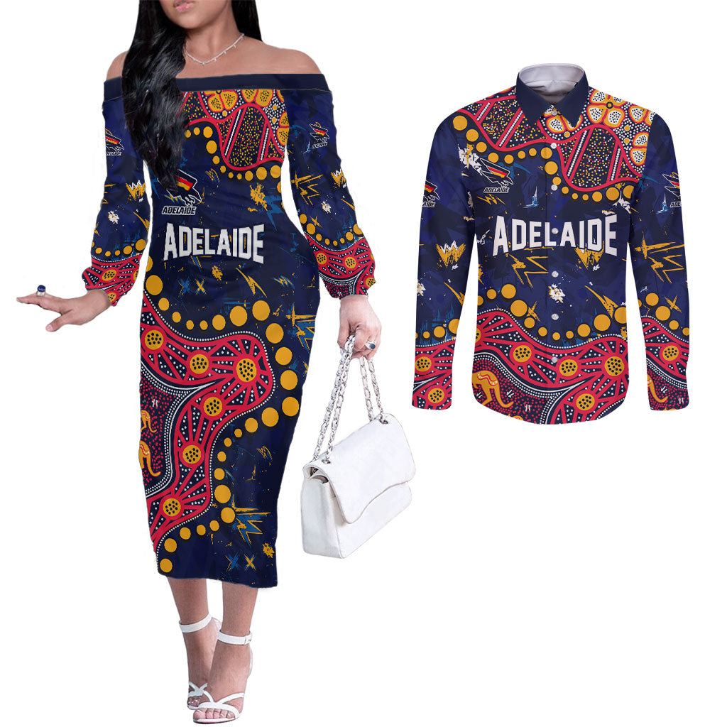 Personalized Adelaide Couples Matching Off The Shoulder Long Sleeve Dress and Long Sleeve Button Shirt Aboriginal Pattern with Graffiti Style