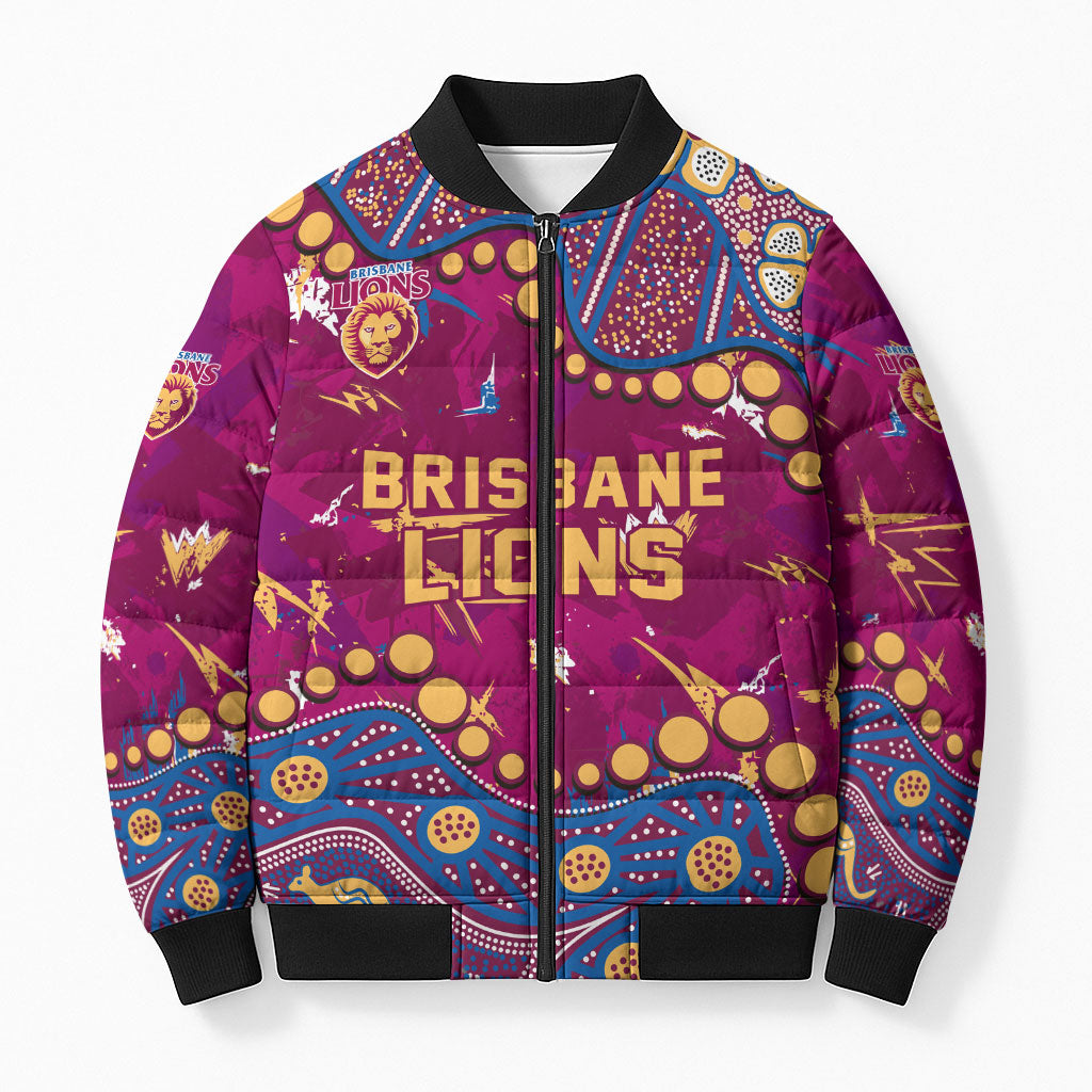 Personalized Brisbane Lions Bomber Puffer Jacket Aboriginal Pattern with Graffiti Style