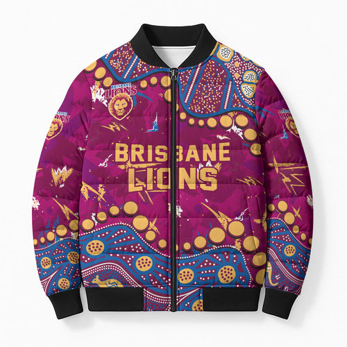 Personalized Brisbane Lions Bomber Puffer Jacket Aboriginal Pattern with Graffiti Style