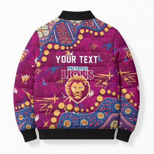 Personalized Brisbane Lions Bomber Puffer Jacket Aboriginal Pattern with Graffiti Style