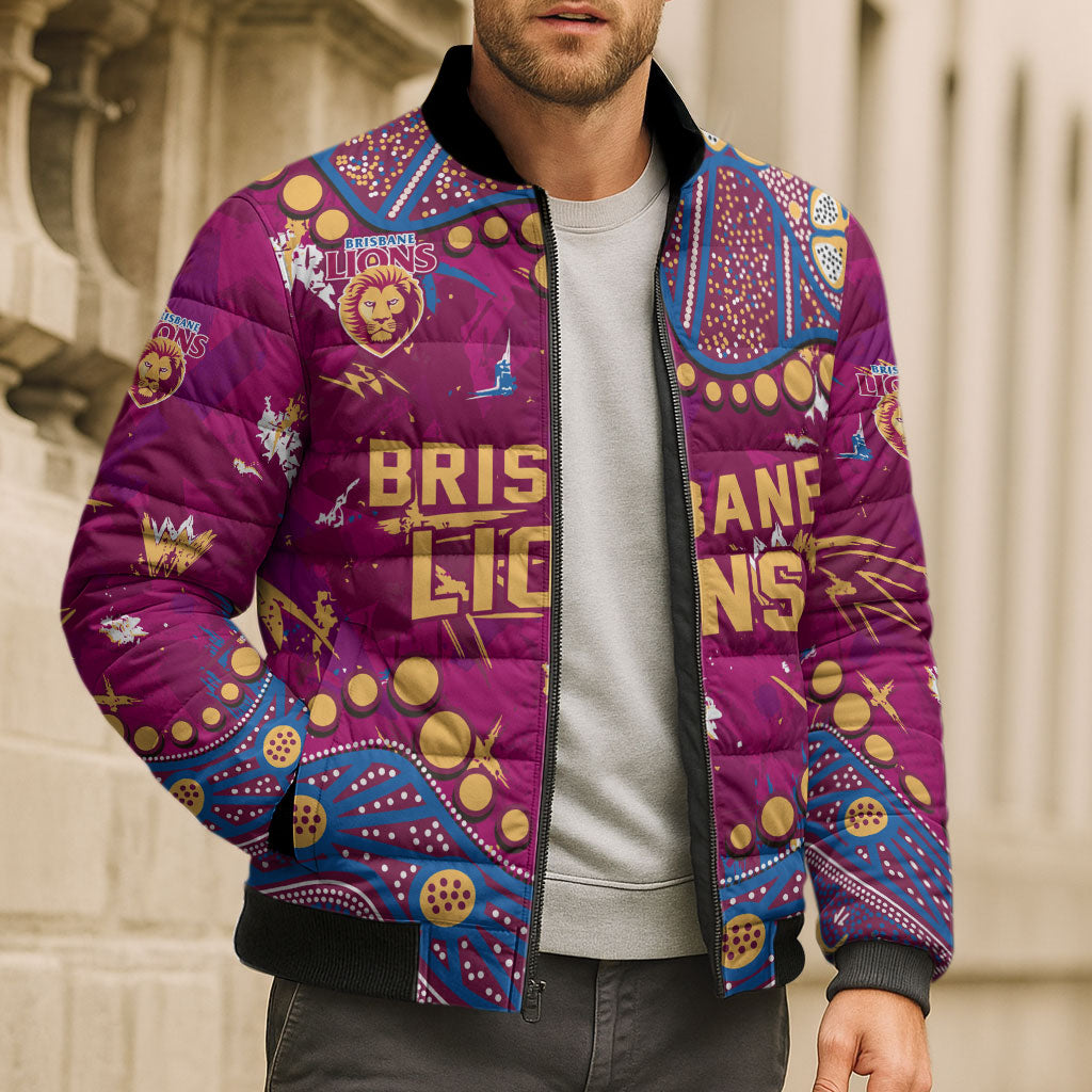 Personalized Brisbane Lions Bomber Puffer Jacket Aboriginal Pattern with Graffiti Style