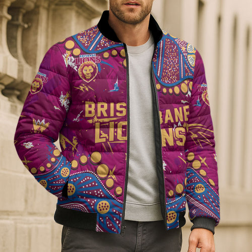 Personalized Brisbane Lions Bomber Puffer Jacket Aboriginal Pattern with Graffiti Style