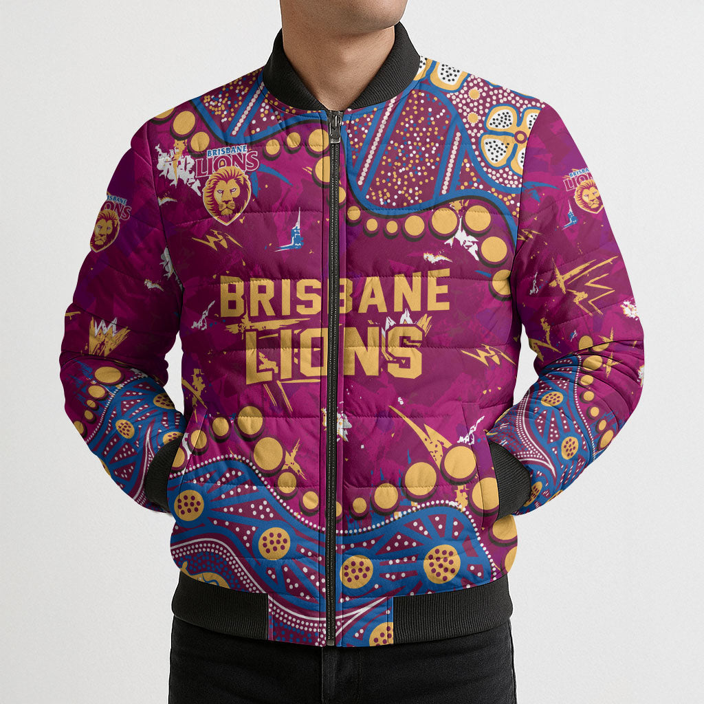 Personalized Brisbane Lions Bomber Puffer Jacket Aboriginal Pattern with Graffiti Style