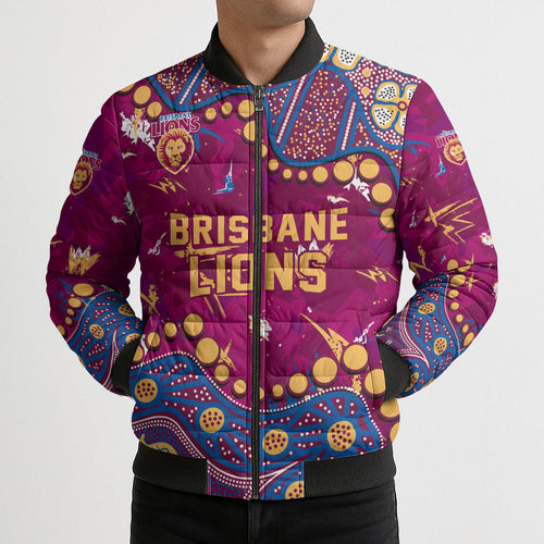 Personalized Brisbane Lions Bomber Puffer Jacket Aboriginal Pattern with Graffiti Style