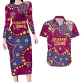 Personalized Brisbane Lions Couples Matching Long Sleeve Bodycon Dress and Hawaiian Shirt Aboriginal Pattern with Graffiti Style