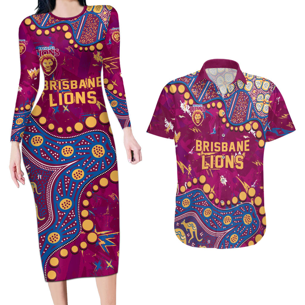 Personalized Brisbane Lions Couples Matching Long Sleeve Bodycon Dress and Hawaiian Shirt Aboriginal Pattern with Graffiti Style
