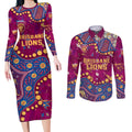 Personalized Brisbane Lions Couples Matching Long Sleeve Bodycon Dress and Long Sleeve Button Shirt Aboriginal Pattern with Graffiti Style