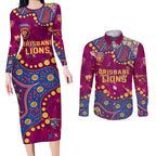 Personalized Brisbane Lions Couples Matching Long Sleeve Bodycon Dress and Long Sleeve Button Shirt Aboriginal Pattern with Graffiti Style