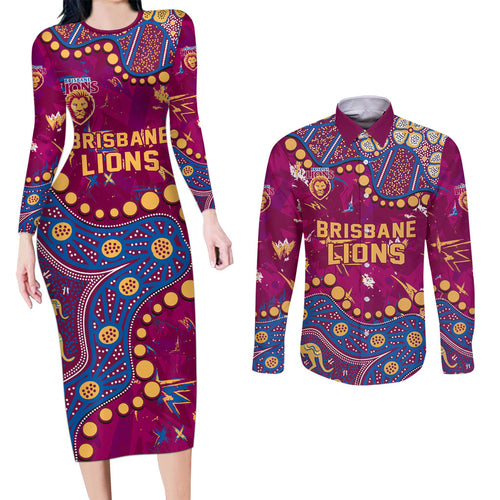 Personalized Brisbane Lions Couples Matching Long Sleeve Bodycon Dress and Long Sleeve Button Shirt Aboriginal Pattern with Graffiti Style
