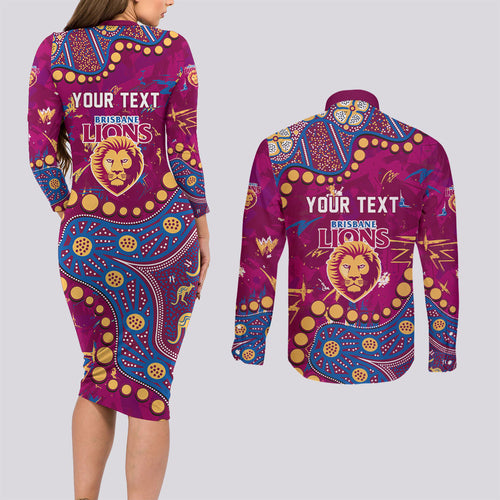 Personalized Brisbane Lions Couples Matching Long Sleeve Bodycon Dress and Long Sleeve Button Shirt Aboriginal Pattern with Graffiti Style
