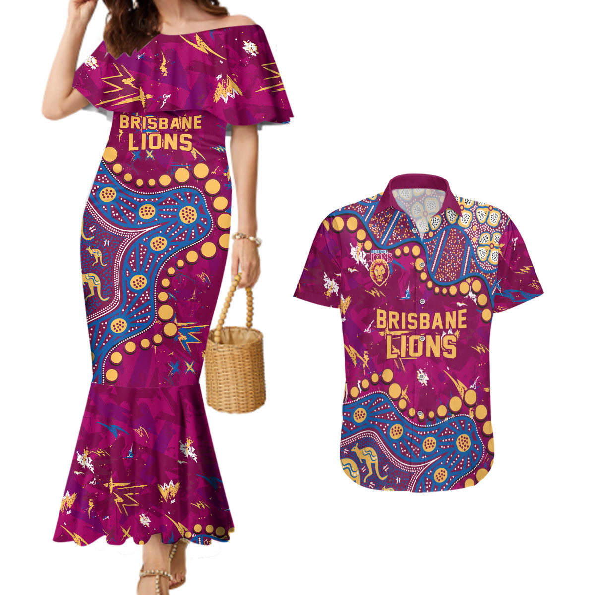 Personalized Brisbane Lions Couples Matching Mermaid Dress and Hawaiian Shirt Aboriginal Pattern with Graffiti Style