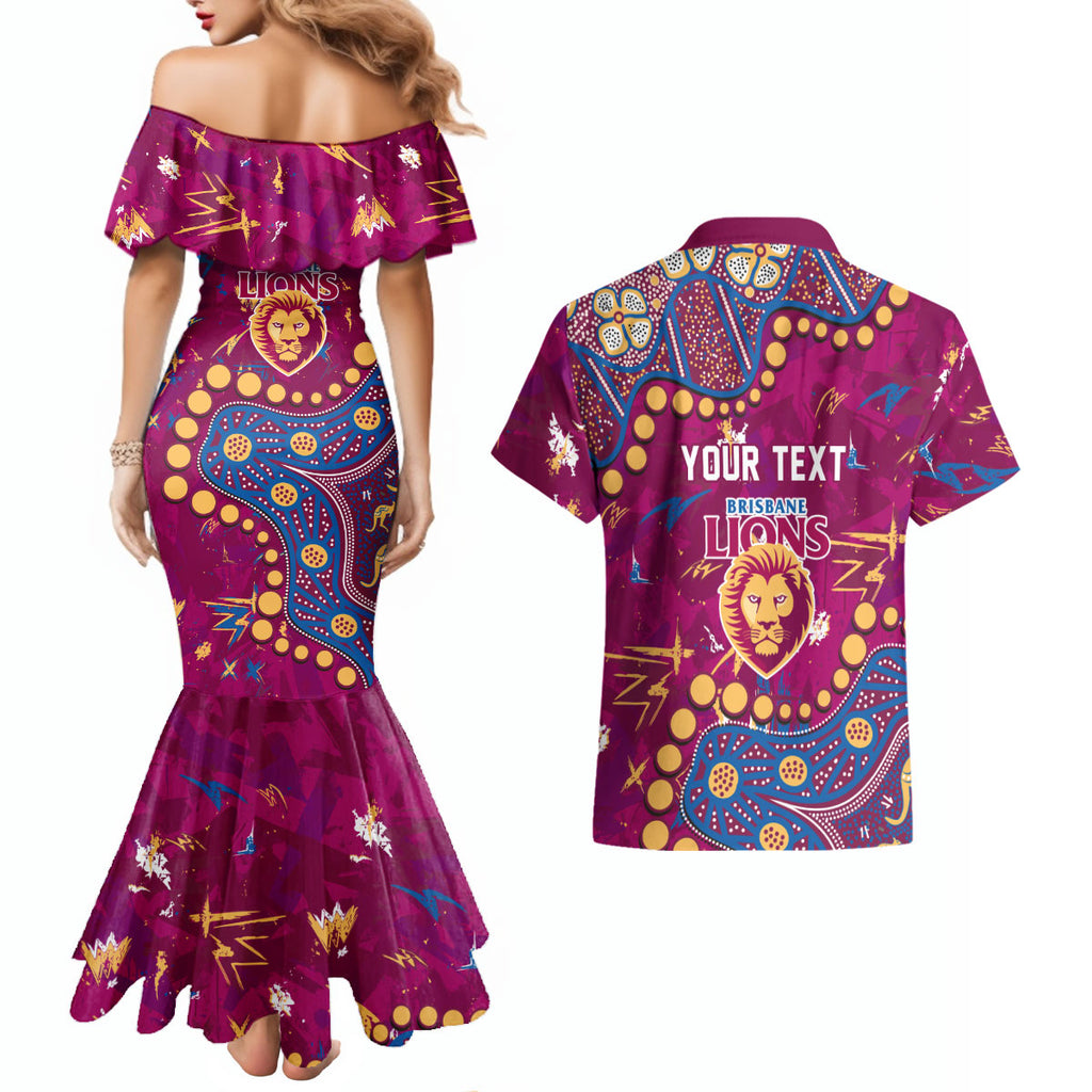 Personalized Brisbane Lions Couples Matching Mermaid Dress and Hawaiian Shirt Aboriginal Pattern with Graffiti Style