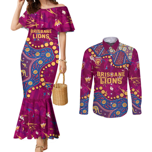 Personalized Brisbane Lions Couples Matching Mermaid Dress and Long Sleeve Button Shirt Aboriginal Pattern with Graffiti Style