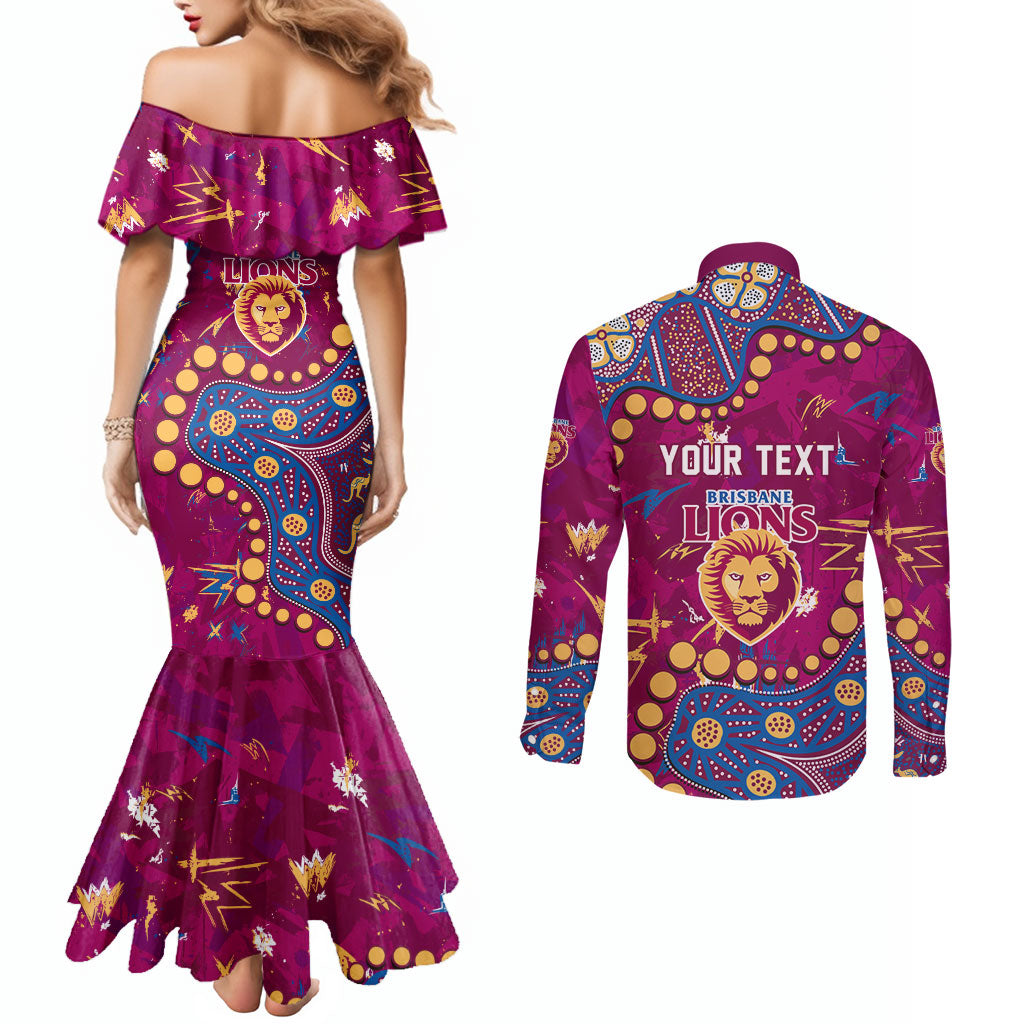 Personalized Brisbane Lions Couples Matching Mermaid Dress and Long Sleeve Button Shirt Aboriginal Pattern with Graffiti Style