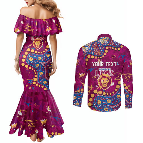 Personalized Brisbane Lions Couples Matching Mermaid Dress and Long Sleeve Button Shirt Aboriginal Pattern with Graffiti Style