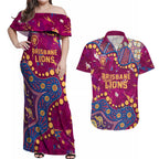 Personalized Brisbane Lions Couples Matching Off Shoulder Maxi Dress and Hawaiian Shirt Aboriginal Pattern with Graffiti Style