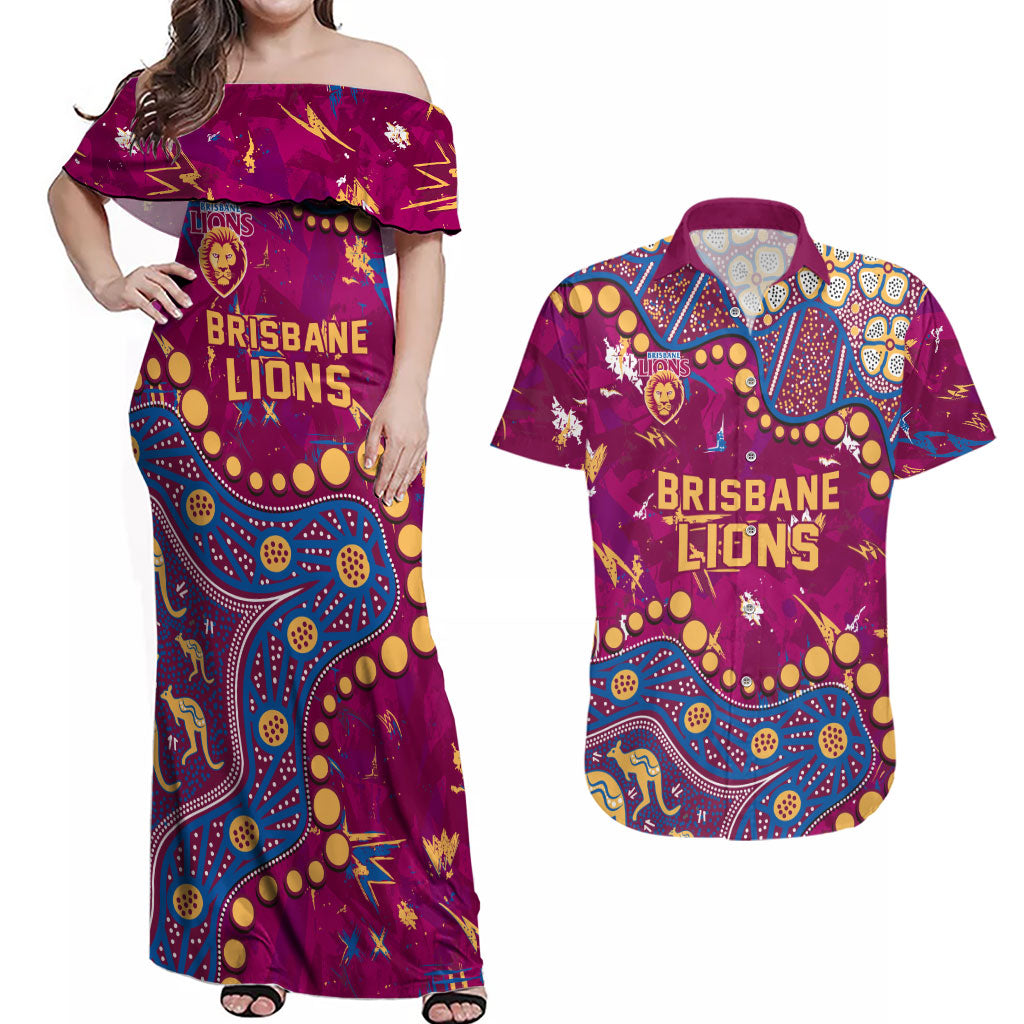 Personalized Brisbane Lions Couples Matching Off Shoulder Maxi Dress and Hawaiian Shirt Aboriginal Pattern with Graffiti Style