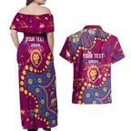 Personalized Brisbane Lions Couples Matching Off Shoulder Maxi Dress and Hawaiian Shirt Aboriginal Pattern with Graffiti Style