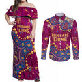 Personalized Brisbane Lions Couples Matching Off Shoulder Maxi Dress and Long Sleeve Button Shirt Aboriginal Pattern with Graffiti Style