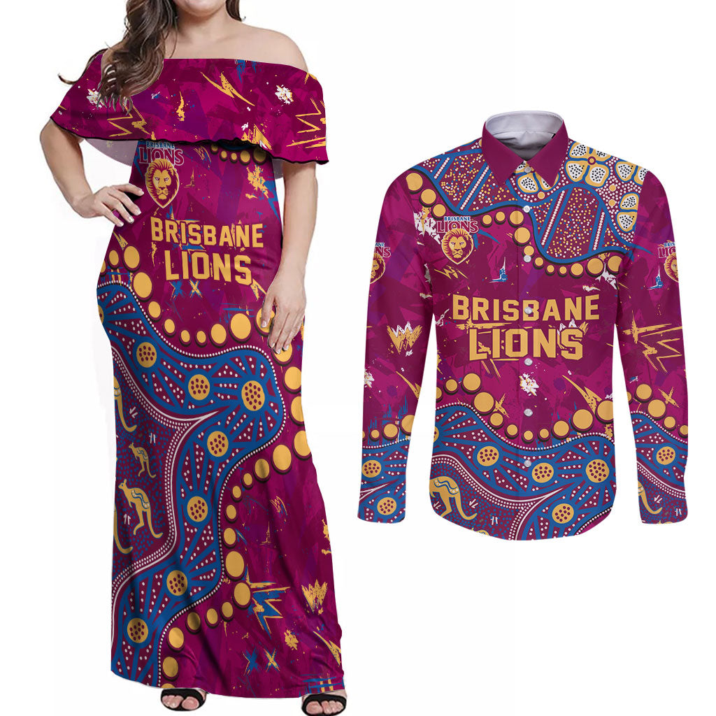Personalized Brisbane Lions Couples Matching Off Shoulder Maxi Dress and Long Sleeve Button Shirt Aboriginal Pattern with Graffiti Style