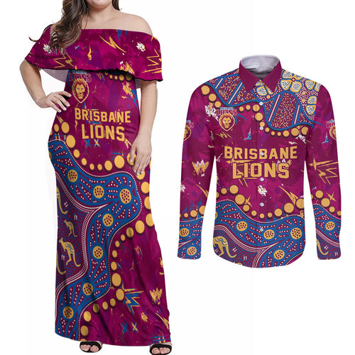 Personalized Brisbane Lions Couples Matching Off Shoulder Maxi Dress and Long Sleeve Button Shirt Aboriginal Pattern with Graffiti Style