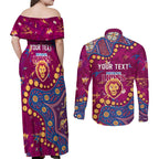 Personalized Brisbane Lions Couples Matching Off Shoulder Maxi Dress and Long Sleeve Button Shirt Aboriginal Pattern with Graffiti Style
