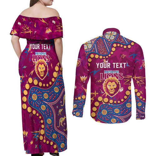 Personalized Brisbane Lions Couples Matching Off Shoulder Maxi Dress and Long Sleeve Button Shirt Aboriginal Pattern with Graffiti Style