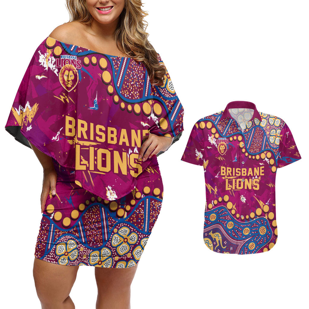 Personalized Brisbane Lions Couples Matching Off Shoulder Short Dress and Hawaiian Shirt Aboriginal Pattern with Graffiti Style