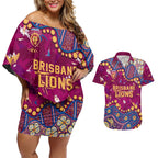 Personalized Brisbane Lions Couples Matching Off Shoulder Short Dress and Hawaiian Shirt Aboriginal Pattern with Graffiti Style